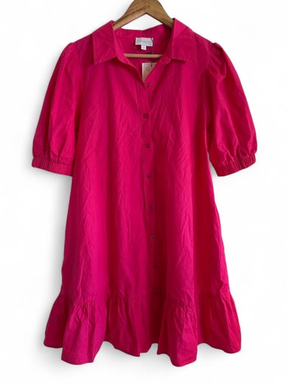 Sugarlips NWT Hot Pink Cotton Puff Sleeve Button Front Ruffle Mini Dress L - Picture 2 of 8